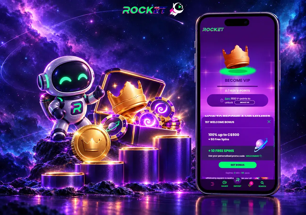 Rocket Casino VIP rewards rise beside a phone, golden trophy and smiling robot